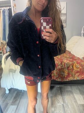 Vintage Birdie Corduroy Navy Bomber Jacket with Red Trim